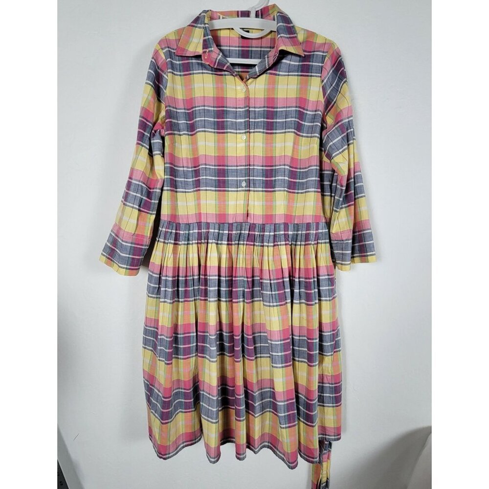 Lands' End Women Plaid Button-Front Long Sleeve Midi Shirt Dress 14P Cotton Pink